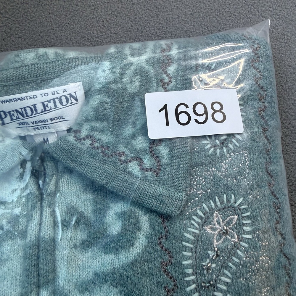 Pendleton Cardigan Womens Medium Petite Teal Full Zip Virgin Merino Wool Paisley - Picture 11 of 11